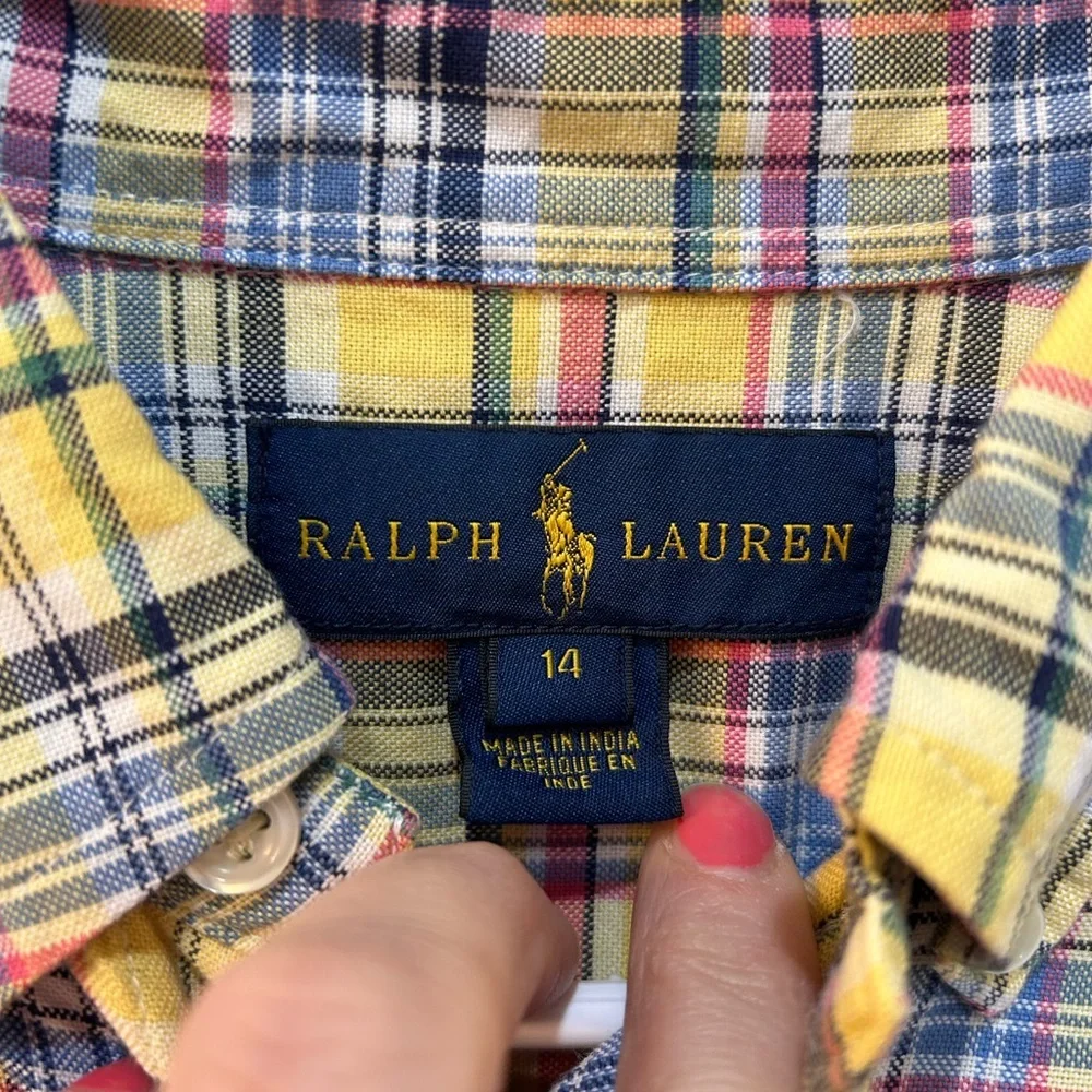 Ralph Lauren Button Front Shirt Youth Sz 14 Yellow Plaid Boys Long Sleeve Preppy